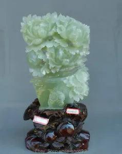 18" Chinese Natural Xiu Jade Carving Feng Shui Peony Flower Luck Sculpture