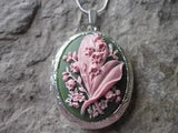LILY OF THE VALLEY CAMEO SILVER PLATED LOCKET - QUALITY - PINK ON GREEN