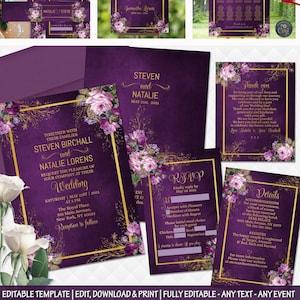 Wedding Invitation set Floral Printable Invite Suite purple gold roses bouquet peonies RSVP details inserts Thank you editable templates