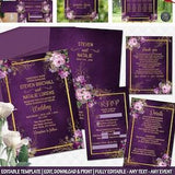 Wedding Invitation set Floral Printable Invite Suite purple gold roses bouquet peonies RSVP details inserts Thank you editable templates