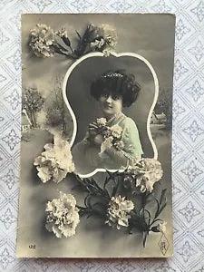 Beautiful French Lady Glamour Flowers Carnation Original Vintage Postcard c.1912
