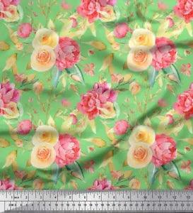 Soimoi Green Cotton Duck Fabric Leaves & Ranunculus Floral Printed-QvO