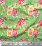 Soimoi Green Cotton Duck Fabric Leaves & Ranunculus Floral Printed-QvO