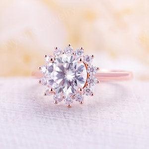 Moissanite engagement ring vintage rose gold engagement ring unique halo ring sunflower Bridal  Floral Christmas Anniversary ring