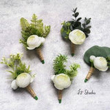 Greenery Ivory Wedding Boutonniere for Men Fake Flower Wrist Corsage Pin Ranunculus Faux Eucalyptus Fern Rustic Boutineer Wristlet Lapel Set