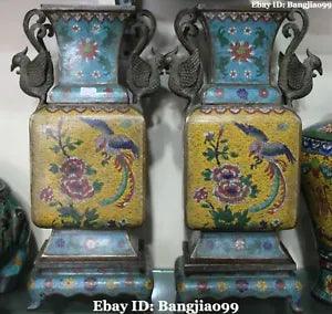 16" Bronze Cloisonne Enamel Ancient Phoenix Tree Peony Flower Vase Bottle Pair