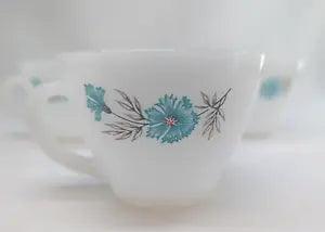 Fire King Blue Carnation Coffee Tea Cup Milk Glass Bonnie Blue, cup only 3 pcs