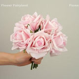 Realistic 5 Stems Real Touch Moist Latex Rose Bouquet | High Quality Artificial Flower | Wedding/Home Decoration | Gifts - Light Pink