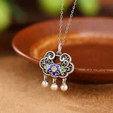 Pure 999 Fine Silver Men Women Lucky Hollow Enamel Peony Flower Lock Pendant