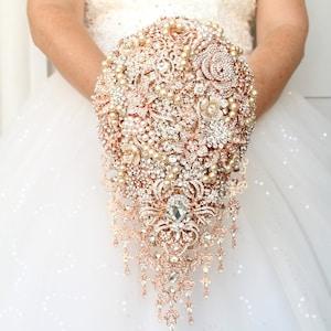 Cascade rose gold brooch bouquet. Jeweled wedding bouquet. Great gatsby bling bouquet