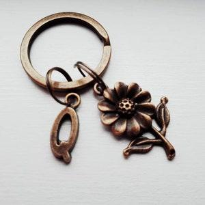 Small Sunflower Keychain With Initial Charm - Personalized Bronze Sunflower Daisy Keychain