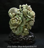 11.2" Chinese Natural Emerald Jade Jadeite Carved Peony Flower Bird Statue