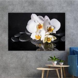 Zen Canvas Wall Art, White Orchid Print, Black Stones and Water Drops Wall D???cor, Floral Print on Canvas