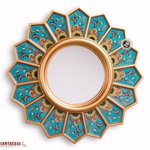 Round Sunflower wall Mirror 'Turquoise sunflower'- Decorative sunburst Mirrors - Reverse Handpainted glass - Peru Handicraft vanity mirror