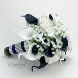 CHOOSE RIBBON COLOR - Navy Blue and White Calla Lily and Rose Bouquet, Navy Blue Bridal Bouquet, Calla Lily Bouquet, Baby's Breath, Bling
