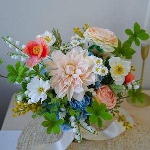 Dahlia and Lily of Valley Bright Green Silk Flower Bouquet, Bridesmaids Bouquet, Wedding Bouquet, Faux Bouquet, Artificial Flower Bouquet