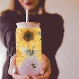 Sunflower Glass Coffee Cup, Sunflower Glass Iced Coffee Cup with Bamboo Lid and Straw, Iced Coffee Glass, Gift for Friend, Coffee Aesthetic