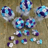 Purple and Teal Bridal Bouquet Set, Ribbon Rose Bouquet in Turquoise Malibu, Regency Purple and Silver Grey, Fabric Flowers and Silver Tulle