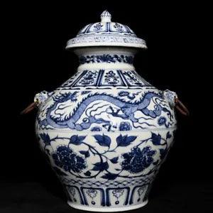 17.5" Old yuan dynasty Porcelain Blue white Dragon peony flowers Beast head pot