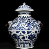 17.5" Old yuan dynasty Porcelain Blue white Dragon peony flowers Beast head pot
