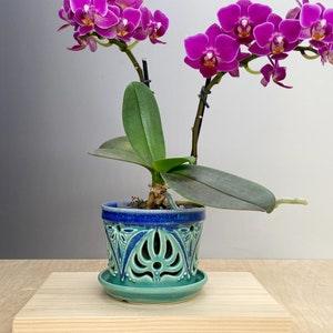 Small Orchid Pot - Floral Design - Slip Trailed Pottery - Ceramic Luminary