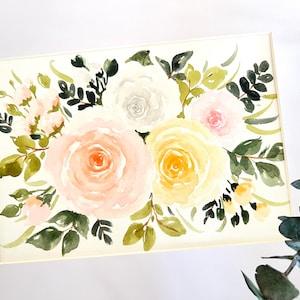 5x7 Original Hand painted watercolor floral art, wall decor, roses, pastel color roses, flowers, flower bouquet
