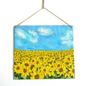 Ukrainian landscape Sunflowers Field,Original Oil Painting,Small Wall Decor with Cord,Blue Sky and Yellow Flowers Wall Art Patriotic Artwork