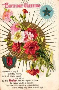 Postcard Birthday Greeting Carnation Birthday Flower Ruby Birthstone July