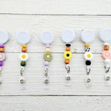 Retractable Badge Reel, Silicone and Wooden Beaded, Flower, ID Badge Holder, Work ID, Teacher Badge, Nurse Badge, Work Badge, Gift for Nurse