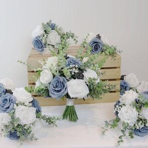 A&F Dusty Blue and White Wedding Bouquet,  Wedding Flower Bouquets, Bridal Bouquet, Bridesmaids Bouquet, White Rose Flower