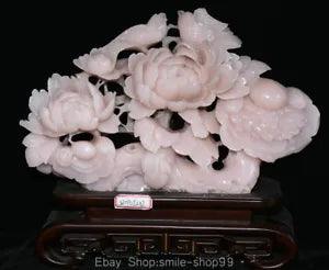 14" Rare Chinese Natural Pine Xiu Jade Carving Peony Flower Bird Sculpture