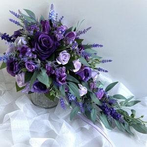 Purple Wedding Bouquets Deep Purple Lavender Lilac Bridal Weddings Bouquet Artificial Flower Teardrop Bouquets Garden Flowers Weddings