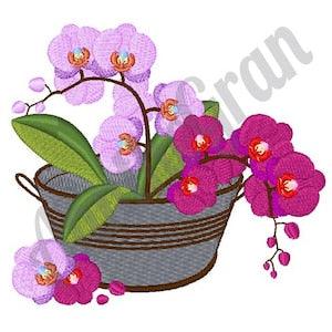 Orchid in Bucket Embroidery Design. Machine Embroidery Design. Beautiful Orchids Pattern. Flower Embroidery Design. Floral Pot Pattern