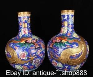 19.2"Enamel Color Porcelain Dragon Play Bead Crane Peony Flower Bottle Vase Pair