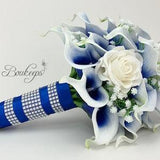 CHOOSE RIBBON COLOR - Royal Blue and White Calla Lily and Rose Bouquet, Royal Blue Bridal Bouquet, Calla Lily Bouquet, Babys Breath, Wedding