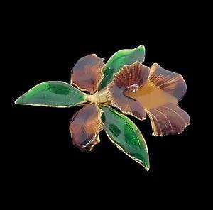 Gorgeous VTG Great-Quality Green/Brown Enameled Flower Lily BROOCH/PIN