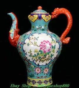10.6" Yongzheng Marked Green Glazed Porcelain Peony Flower Wine Tea Pot Flagon