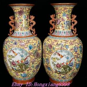 20.4''Qianlong Year Enamel Pastel Porcelain Peony Flowers birds Vase Bottle Pair