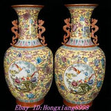 20.4''Qianlong Year Enamel Pastel Porcelain Peony Flowers birds Vase Bottle Pair