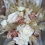 Wedding Bouquet Boho Bridal White Dusty Rose Bouquet Pampas Grass Bridesmaids Decor Palms Leaves Handmade Ivory Artificial Faux Flower