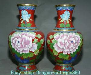 10" Chinese dynasty Palace Copper Cloisonne Peony Flower Bottle Vase Pair