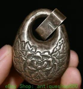 2.7'' Rare Old China Silver Dynasty Palace peony Flower Pattern Amulet Pendant
