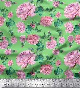 Soimoi Green Cotton Poplin Fabric Leaves & Peony Floral Print Fabric-Bht