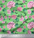 Soimoi Green Cotton Poplin Fabric Leaves & Peony Floral Print Fabric-Bht