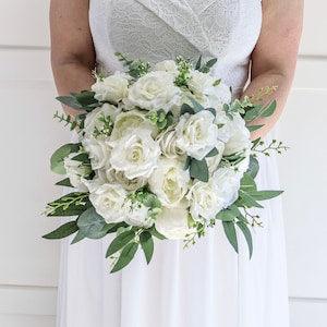 Silk Wedding Bouquets Boho Ivory and Eucalyptus, Artificial Wedding Flowers for Bride and Bridesmaids, Artificial Rose Peony Bouquets