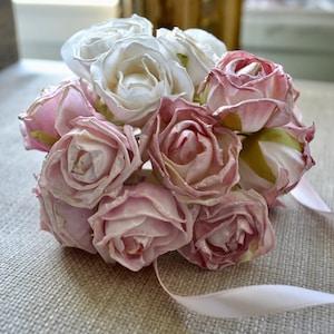 6pc Rose bouquet, Ivory artificial silk flower, Pink Rose bunch, Ivory rose bouquet, Pink rose bouquet, Vintage rose, Shabby chic rose
