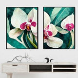 Light Teal Orchid Floral Fine Art Abstract Print Set, Bright Pink Watercolour Flower Wall Art, UK Artist