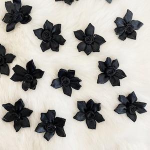 5 Black Pinwheel Flowers Rose Center, Satin Black Roses,Pointy Flowers,Small Black Bows,Doll Costuming,Sewing Flowers Tailor Supply