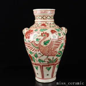 13"  China Old Porcelain yuan dynasty Red green colour phoenix peony flower Vase