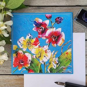 Colorful Square Bird and Flower Card. Vibrant Greetings with Meaningful Symbols. Beautiful Cards for Sending and Framing